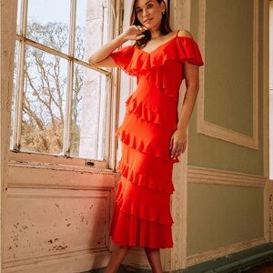 Little Mistress Red Ruffled Off-Shoulder Midi Dress